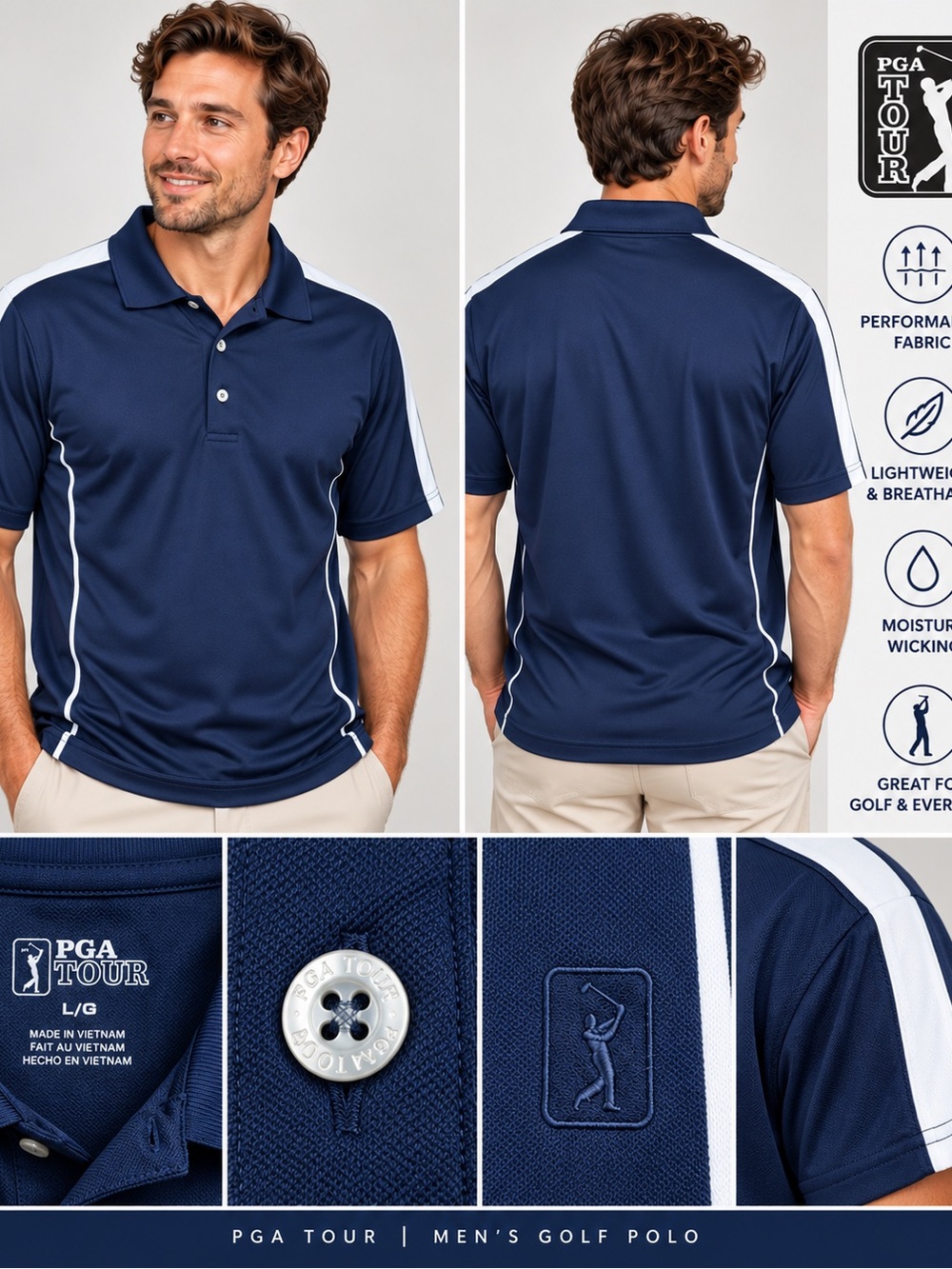 PGA TOUR Navy Polo with White Contrast Piping